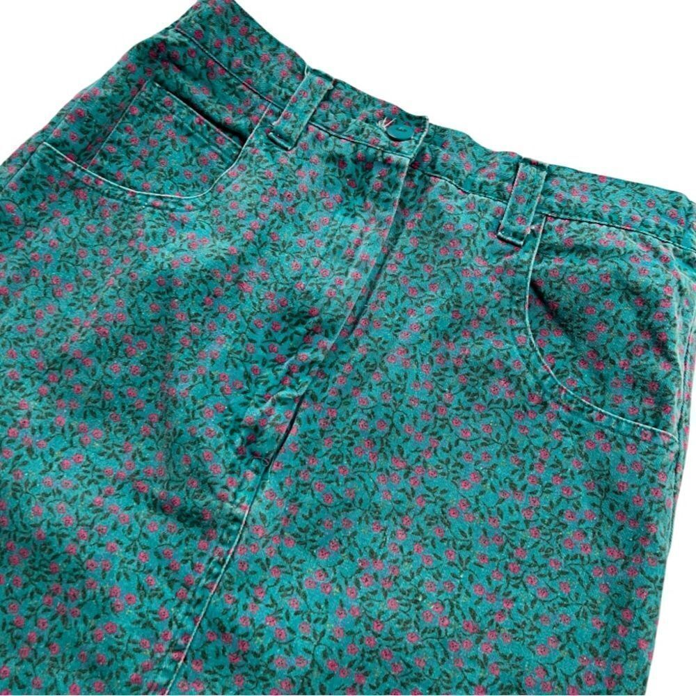 Retro 90s Girl’s High Waisted Teal Denim Micro Floral Jean Skirt